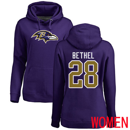 Baltimore Ravens Purple Women Justin Bethel Name and Number Logo NFL Football #28 Pullover Hoodie Sweatshirt->women nfl jersey->Women Jersey